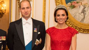 Duke of Cambridge and Catherine, Duchess of Cambridge arrive for the annual evening reception for members of the Diplomatic Corps at Buckingham Palace on December 8, 2016 in London