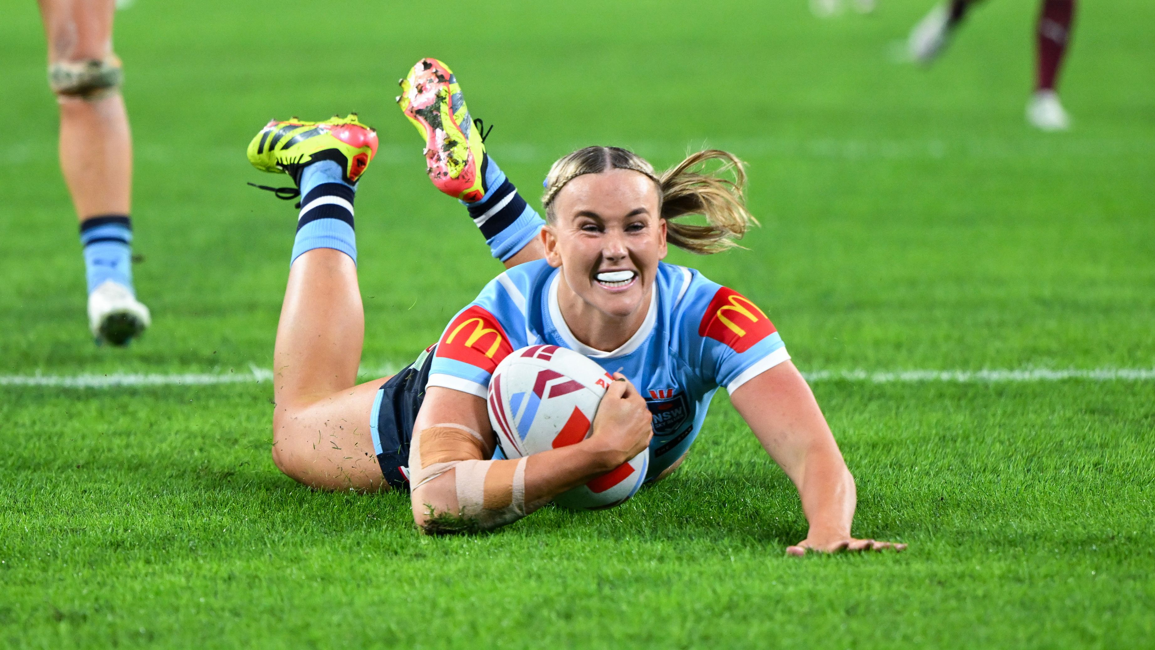 Jaime Chapman ran nearly 80m to score this try for the Sky Blues in the Women&#x27;s State of Origin series opener.