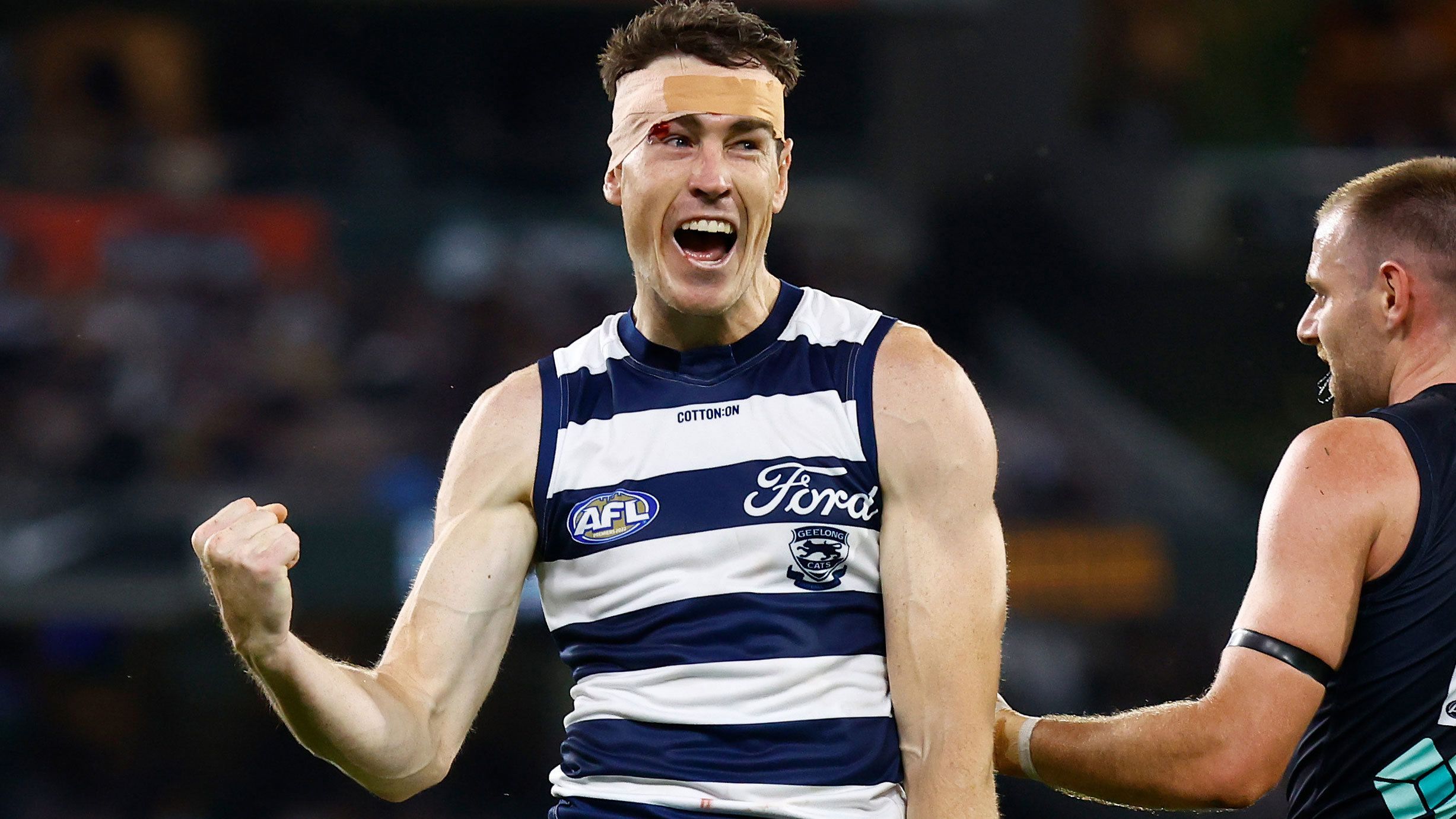Jeremy Cameron celebrates a goal during Geelong&#x27;s 2023 round two match against Carlton.