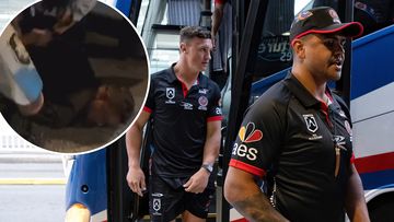 Latrell Mitchell and Jack Wighton on Monday morning, and (inset) Mitchell&#x27;s arrest on Sunday morning.