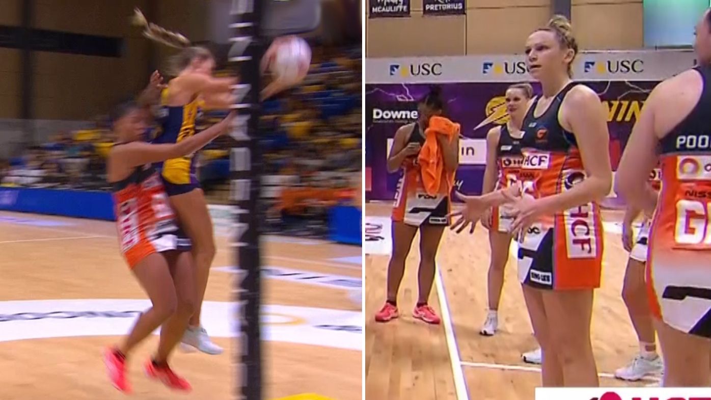 The first incident that got Kristiana Manu&#x27;a sent off (L) and GWS player Jo Harten remonstrates with the umpires (R).