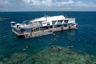 Reef Magic&#x27;s three-storey pontoon at Moore Reef, 49.5 kilometres east of Cairns.