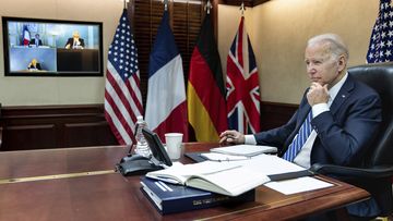 President Joe Biden listens during a secure video call with French President Emmanuel Macron, German Chancellor Olaf Scholz and British Prime Minister Boris Johnson in the Situation Room at the White House Monday, March 7, 2022, in Washington. 