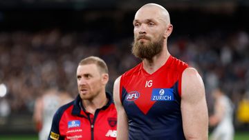 MELBOURNE, AUSTRALIA - SEPTEMBER 15: Max Gawn of the Demons looks dejected after a loss  during the 2023 AFL First Semi Final match between the Melbourne Demons and the Carlton Blues at Melbourne Cricket Ground on September 15, 2023 in Melbourne, Australia. (Photo by Dylan Burns/AFL Photos via Getty Images)