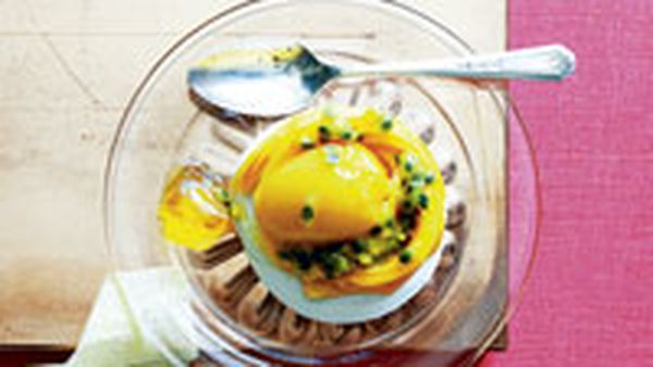 Mango Sorbet and passionfruit meringues