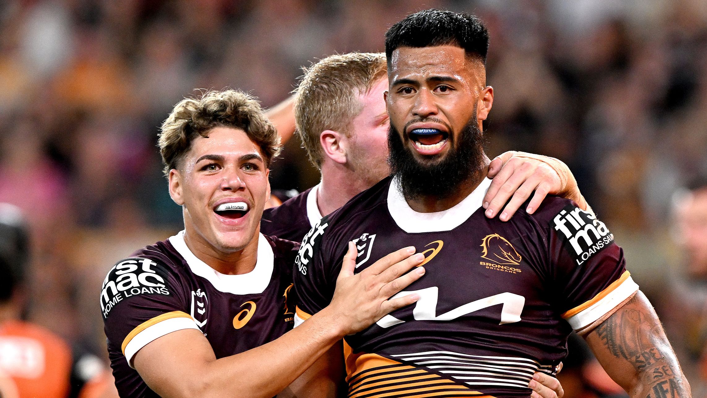 BRISBANE, AUSTRALIA - APRIL 01: Payne Haas of the Broncos celebrates scoring a try during the round five NRL match between Brisbane Broncos and Wests Tigers at Suncorp Stadium on April 01, 2023 in Brisbane, Australia. (Photo by Bradley Kanaris/Getty Images)