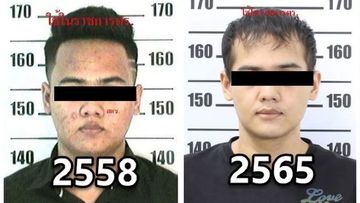 Police mugshots of Saharat before and after his plastic surgeries.