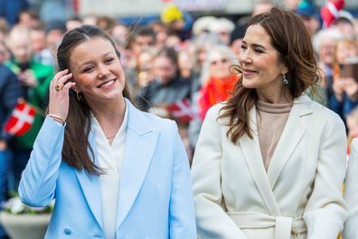 AARHUS, DENMARK - APRIL 11: (L-R) Princess Isabella of Denmark and Queen Mary of Denmark in front of Aarhus City Hall to celebrate Princess Isabella Of Denmark's 18th birthday on April 11, 2025 in Aarhus, Denmark. (Photo by Martin Sylvest Andersen/Getty Images)