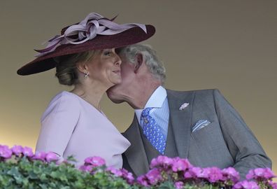 Prince Charles greets Sophie, Countess of Wessex in the stands on day one of the Royal Ascot horse racing meeting, at Ascot Racecourse, in Ascot, England, Tuesday June 14, 2022. 