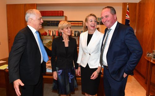 Prime Minister Malcolm Turnbull, Minister for Foreign Affairs Julie Bishop Nationals Deputy Leader Bridget McKenzie and Deputy Prime Minister Barnaby Joyce. (AAP)