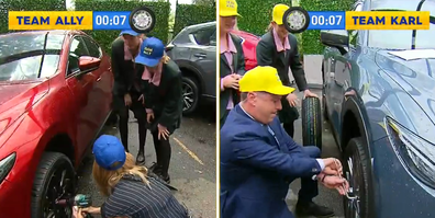 Ally Langdon and Karl Stefanovic wanted to see who could change a tyre faster.