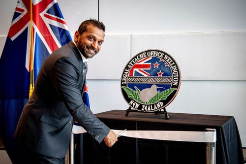 Kash Patel cuts the ribbon at the official opening of the FBI office in Wellington, New Zealand