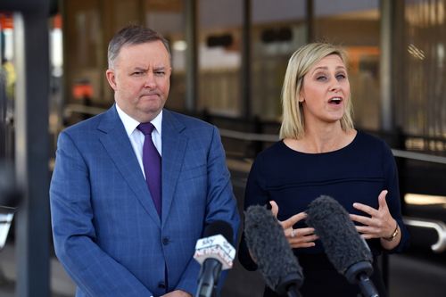 Labor's Anthony Albanese and Susan Lamb were also campaigning in Longman - at the Narangba train station north of Brisbane. Picture: AAP.