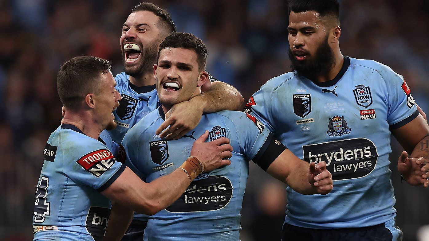 Damien Cook, James Tedesco and Payne Haas celebrate with Nathan Cleary