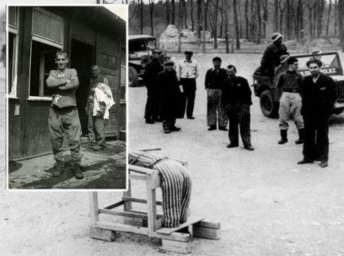 US soldiers liberate Buchenwald concentration camp in April 1945, where Jack Meister, inset, had been held. (Sydney Jewish Museum).