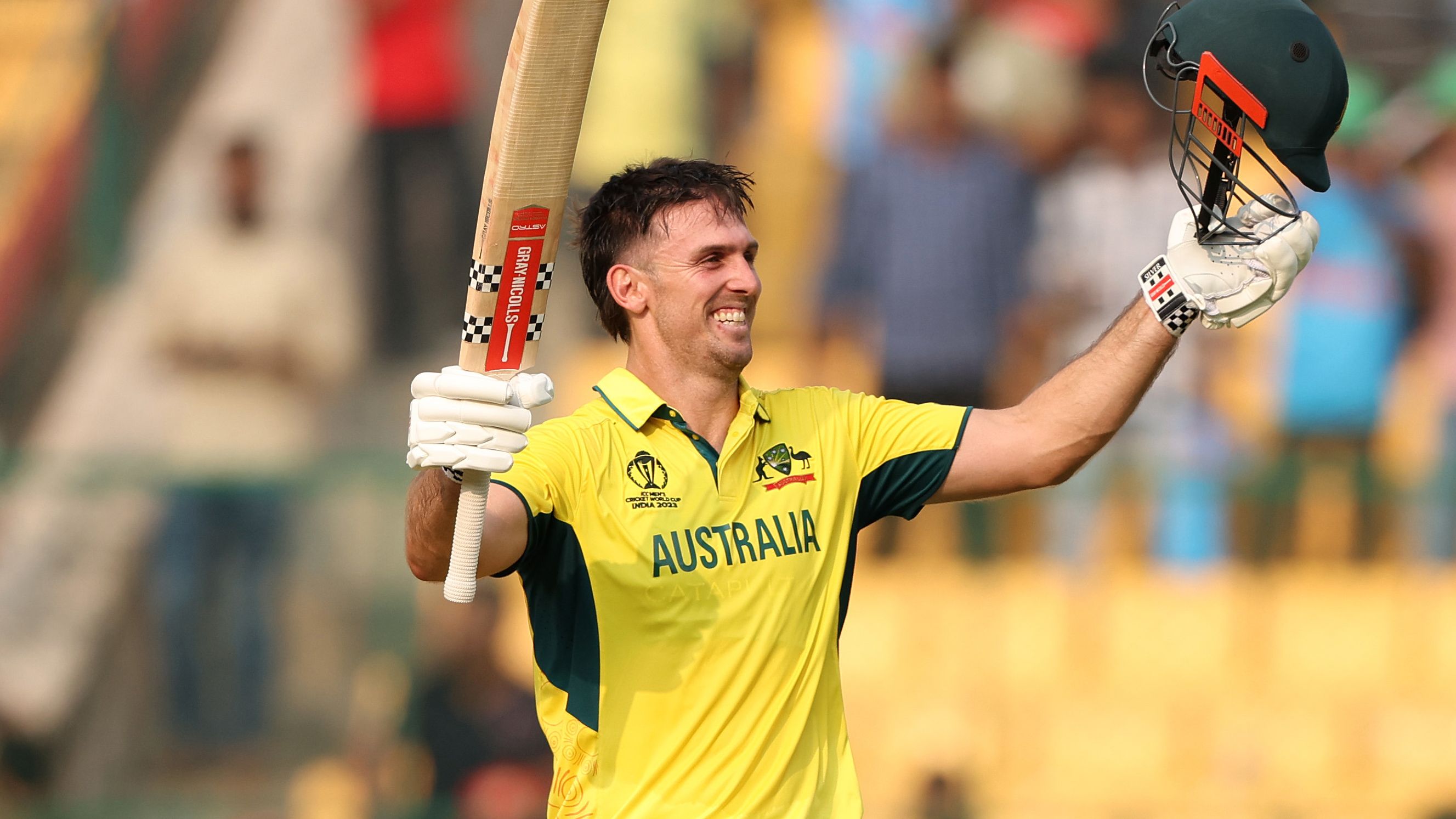 Mitch Marsh of Australia celebrates their century during the ICC Men&#x27;s Cricket World Cup India 2023 between Australia and Pakistan at M. Chinnaswamy Stadium on October 20, 2023 in Bangalore, India. (Photo by Robert Cianflone/Getty Images)