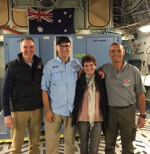 Dr Harris, second left, with his wife Fiona, WA diver Craig Challen and, at left, Medstar boss Andrew Pearce at RAAF Base Edinburgh. Picture: Facebook