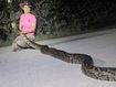 Donna Kalil holding a massive python she caught with fellow python hunter Kevin Pavlidis.