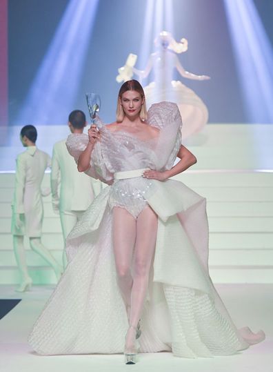 Karlie Kloss walks the runway during the Jean-Paul Gaultier Haute Couture Spring/Summer 2020 fashion show as part of Paris Fashion Week at Theatre Du Chatelet on January 22, 2020 in Paris, France.