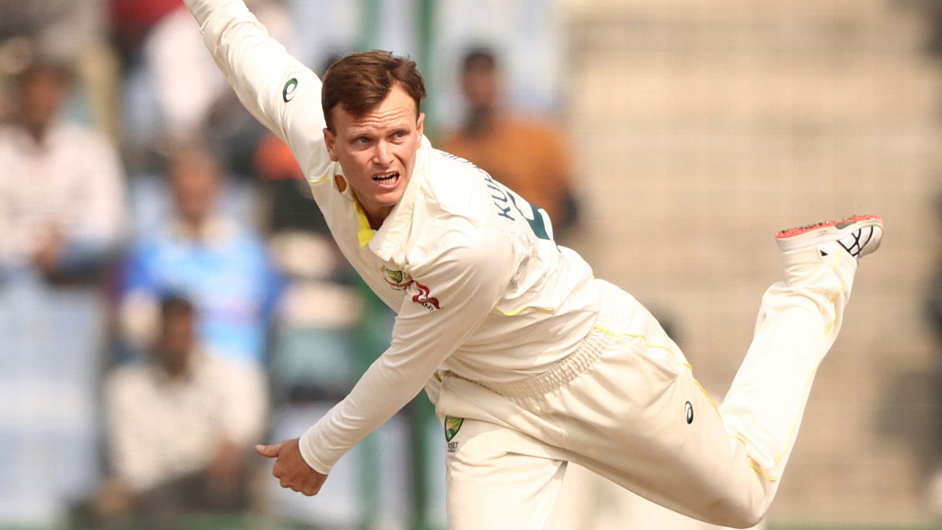 Matthew Kuhnemann of Australia bowls during day three of the Second Test match in the series between India and Australia at Arun Jaitley Stadium on February 19, 2023 in Delhi, India. (Photo by Robert Cianflone/Getty Images)