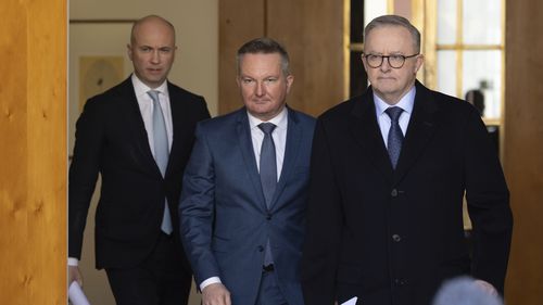 Matt Kean, Minister for Climate Change and Energy Chris Bowen and Prime Minister Anthony Albanese during a press conference at Parliament House in Canberra on Monday 24 June 2024.