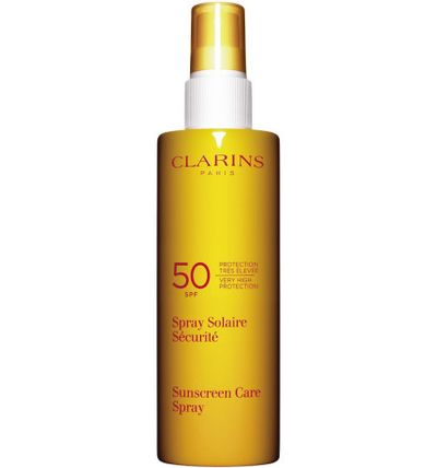 <a href="http://shop.davidjones.com.au/djs/en/davidjones/sunscreen-care-spray-spf-50-body-150ml" target="_blank">Clarins Sunscreen Care Spray SPF 50+ Body 150ml, $40</a>