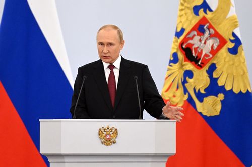 Russian President Vladimir Putin speaks during celebrations marking the incorporation of regions of Ukraine to join Russia, in Red Square in Moscow, Russia, Friday, Sept. 30, 2022. 