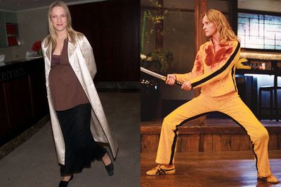 Uma started trained extensively three months after the birth of son Levon, to get fit for the role of the vengeful Bride in <i>Kill Bill</i>.<br/><br/>Her trainer Christel Smith worked her body hard for several hours a day, six days a week. Ouch!<br/><br/>(Left: Pregnant with Levon in 2001 / Getty. Right: <i>Kill Bill</i> (2003) / Miramax)
