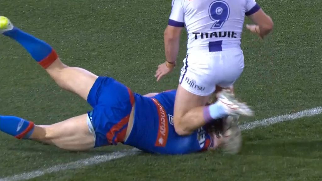 Storm player Harry Grant fell with his knees onto Knights rival Phoenix Crossland.