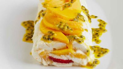 Passionfruit, Mango and Strawberry Pavlova Roll