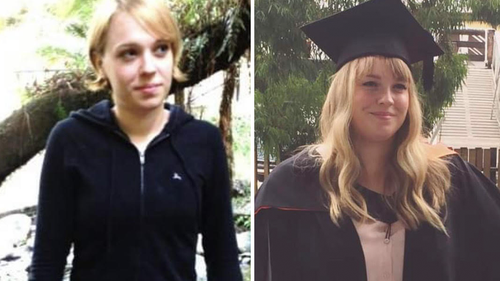Katie pictured shortly after being released from hospital (left), compared to when she graduated as a nurse in 2018. 