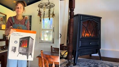 Kmart electric fireplace heater added to a cabin for warmth and ambience in winter