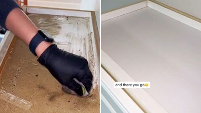 A greasy kitchen cabinet top is transformed