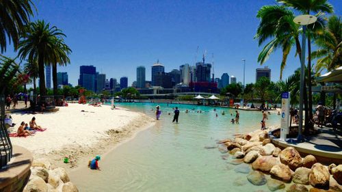 Southbank was a popular spot today as the mercury soared to 36C in Brisbane. (9NEWS)