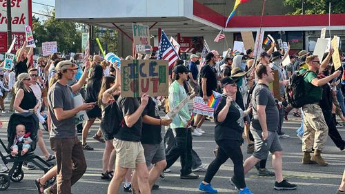 Los manifestantes denunciaron a la administración Trump en un "No hay reyes" Protesta en Salt Lake City: uno de los 2,000 eventos similares en ciudades de todo el país el 13 de junio.