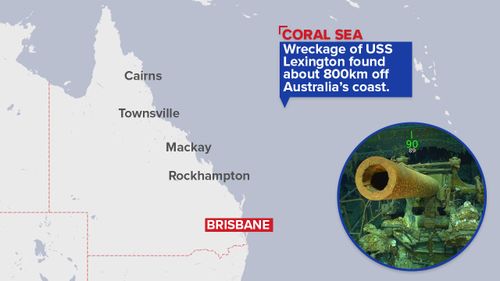 The USS Lexington, which went down in May 1942, was found 3000 metres underwater, resting on the floor of the Coral Sea about 800 kilometres off Australia.