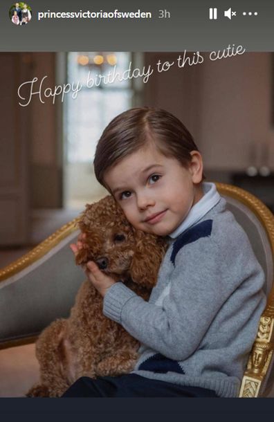 Prince Oscar of Sweden poses with his puppy for his fifth birthday portraits