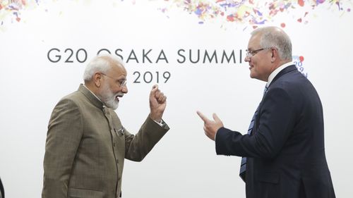 Prime Minister of India Narendra Modi meets with Prime Minister Scott Morrison during a bilateral meeting at the G20 Summit in Osaka, Japan, on Saturday 29 June 2019. fedpol Photo: Alex Ellinghausen