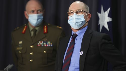 COVID-19 Taskforce Commander, Lieutenant General John Frewen and Chief Medical Officer Professor Paul Kelly during a press conference at Parliament House in Canberra.