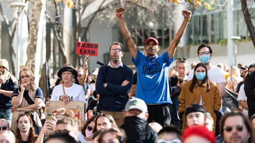 Demonstrators outside the Rio Tinto offices in Perth protesting the destruction of the Juukan rock shelters.