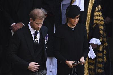 Britain's Catherine, Princess of Wales and Britain's Prince William leave after a service for the reception of Queen Elizabeth II's coffin at Westminster Hall, in the Palace of Westminster in London, Wednesday, Sept. 14, 2022. (Ben Stansall/Pool via AP)