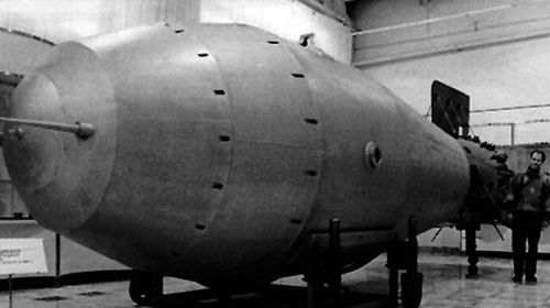A model of the 8-metre long Tsar Bomb. (Photo: Twitter).