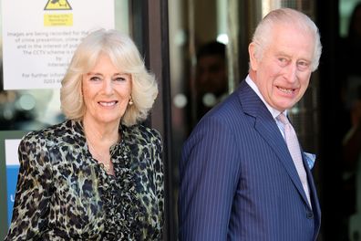Queen Camilla and King Charles III arrive at the University College Hospital Macmillan Cancer Centre on April 30, 2024 in London 