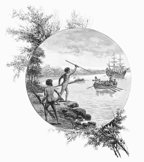 A wood engraving of Indigenous warriors opposing Captain Cook's landing, 1886.