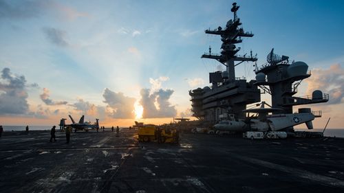 Aircraft carrier USS Carl Vinson in the South China Sea during April, 2017 (AAP)