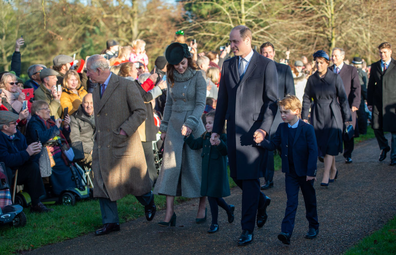 The Prince of Wales, The Duke and Duchess of Cambridge and their children Prince George and Princess Charlotte arriving to attend the Christmas Day morning church service at St Mary Magdalene Church in Sandringham, Norfolk. 
