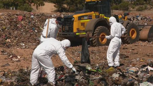 Police are beginning to search through a landfill site for the remains of an Adelaide father who was allegedly murdered and dismembered.