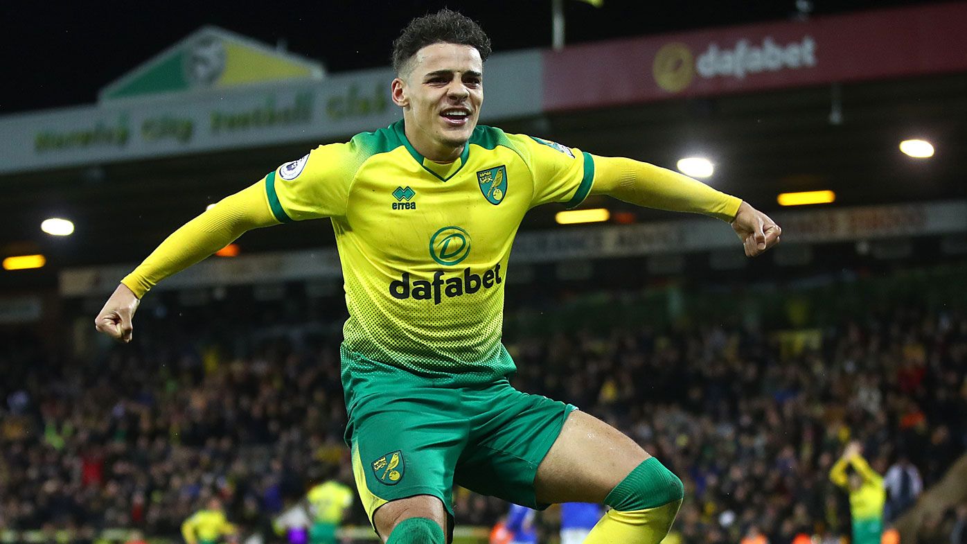 Max Aarons of Norwich City celebrates after Jamal Lewis scores his sides first goal 