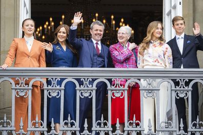 COPENHAGEN, DENMARK - MAY 26: (L-R)  Princess Isabella of Denmark, Queen Mary of Denmark, King Frederik X of Denmark, Queen Margrethe of Denmark, Princess Josephine of Denmark and Prince Vincent of Denmark appear on the balcony of Frederik VIII's Palace to celebrate The King's 57th birthday at Amalienborg Palace on May 26, 2025 in Copenhagen, Denmark.  (Photo by Martin Sylvest Andersen/Getty Images)