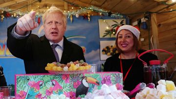 Prime Minister Boris Johnson visits a Christmas market whilst campaigning on December 3, 2019 in Salisbury, England.